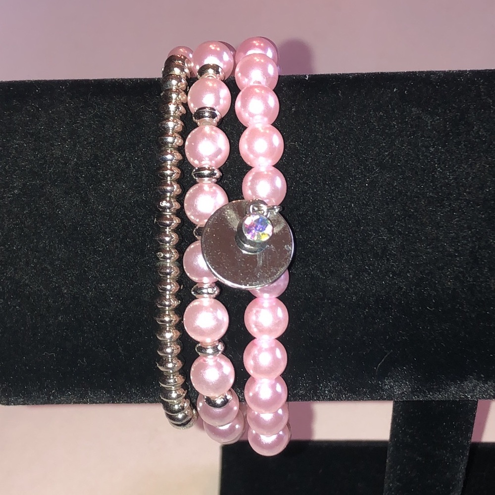 Pink Faux Pearl & Silver Tone Bead Triple-Stack Bracelet
